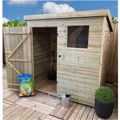 6FT x 4FT Pressure Treated Tongue & Groove Pent Shed With 1 Window + Single Door + Safety Toughened Glass
