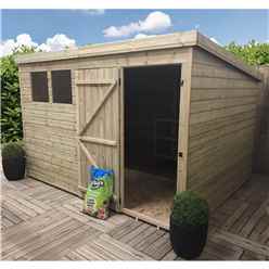 10ft X 8ft Pressure Treated Tongue & Groove Pent Shed With 3 Windows + Single Door + Safety Toughened Glass