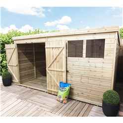 12ft X 8ft Pressure Treated Tongue & Groove Pent Shed + Double Doors With 3 Windows + Safety Toughened Glass