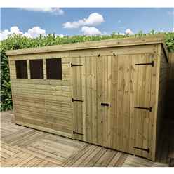 14ft X 8ft Pressure Treated Tongue & Groove Pent Shed + Double Doors With 3 Windows + Safety Toughened Glass
