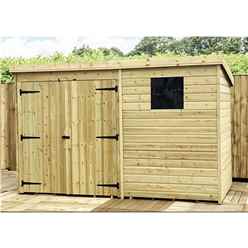 10ft X 3ft Pressure Treated Tongue & Groove Pent Shed + Double Doors + 1 Window + Safety Toughened Glass