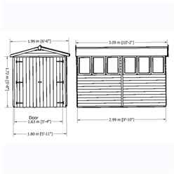 10ft x 6ft  (2.99m x 1.79m) - Dip Treated Overlap - Apex Garden Shed - 6 Windows - Double Doors