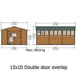 15ft X 10ft  (4.52m X 2.99m) - Dip Treated Overlap - Apex Wooden Garden Shed - 9 Windows - Double Doors