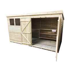 14ft X 3ft Pressure Treated Tongue & Groove Pent Shed + Double Doors + 3 Windows + Safety Toughened Glass