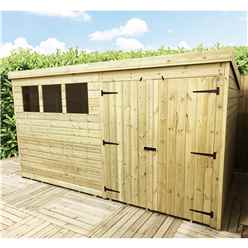 12ft X 4ft Pressure Treated Tongue & Groove Pent Shed + Double Doors + 3 Windows + Safety Toughened Glass