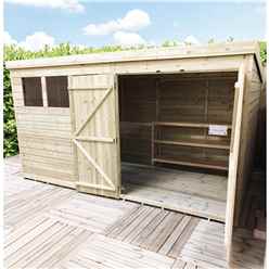 14ft X 4ft Pressure Treated Tongue & Groove Pent Shed + Double Doors + 3 Windows + Safety Toughened Glass