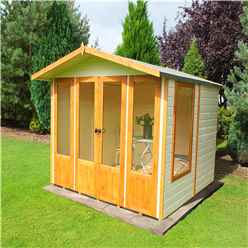 INSTALLED 7ft x 7ft (2.69m x 2.05m) Premier Wooden Summerhouse - Double Doors + Side Windows - 12mm T&G Walls - Floor - Roof INSTALLATION INCLUDED