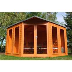 INSTALLED 10ft x 10ft (3.16m x 3.16m) - Premier Corner Wooden Summerhouse - Double Doors - Side Windows - 12mm T&G Walls and Floor INSTALLATION INCLUDED