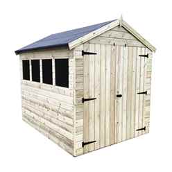8FT x 6FT PREMIER PRESSURE TREATED TONGUE & GROOVE APEX SHED WITH 4 WINDOWS + HIGHER EAVES & RIDGE HEIGHT + DOUBLE DOORS + SAFETY TOUGHENED GLASS - 12MM TONGUE AND GROOVE WALLS, FLOOR AND ROOF