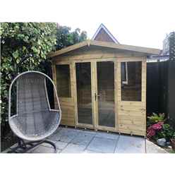 8ft x 7ft Pressure Treated Tongue & Groove Apex Summerhouse with Higher Eaves and Ridge Height + Overhang + Toughened Safety Glass + Euro Lock with Key + SUPER STRENGTH FRAMING