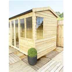 8ft X 9ft Reverse Pressure Treated Tongue & Groove Apex Summerhouse With Higher Eaves And Ridge Height + Toughened Safety Glass + Euro Lock With Key + Super Strength Framing