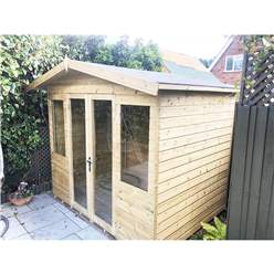 9ft X 10ft Pressure Treated Tongue & Groove Apex Summerhouse - Long Windows - With Higher Eaves And Ridge Height + Overhang + Toughened Safety Glass + Euro Lock With Key + Super Strength Framing
