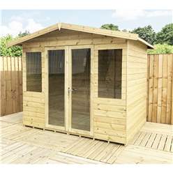 8ft X 10ft Pressure Treated Tongue & Groove Apex Summerhouse + Long Windows With Higher Eaves And Ridge Height + Overhang + Toughened Safety Glass + Euro Lock With Key + Super Strength Framing