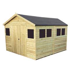 12FT x 10FT PREMIER PRESSURE TREATED T&G APEX WORKSHOP + 6 WINDOWS + HIGHER EAVES & RIDGE HEIGHT + DOUBLE DOORS (12mm T&G Walls, Floor & Roof) + SAFETY TOUGHENED GLASS + SUPER STRENGTH FRAMING