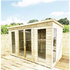 14ft X 8ft Pent Pressure Treated Tongue & Groove Pent Summerhouse With Higher Eaves And Ridge Height Toughened Safety Glass + Euro Lock With Key + Super Strength Framing