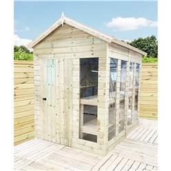 11ft X 5ft Pressure Treated Tongue And Groove Apex Summerhouse - Potting Summerhouse - Bench + Safety Toughened Glass + Euro Lock With Key + Super Strength Framing