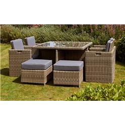 8 Seater - 9 Piece - Deluxe Rattan Cube Set - 125cm Square Table, 4 Chairs With Folding Backrest & 4 Footstools Including Cushions - Free Next Working Day Delivery (mon-Fri)