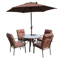 **oos** 4 Seater Amalfi Stripe Round Set With Parasol - 105cm Table With 4 Chairs - Brown-Burgundy Stripe Cushions And 2.4m Parasol - Free Next Working Day Delivery (mon-Fri)