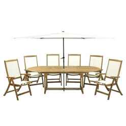 6 Seater Hampton Dining Set With Oval 2 Leaf Extension Table & 6 St Tropez Folding Armchairs & Parasol - Free Next Working Day Delivery (mon-Fri)