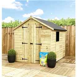 7FT x 5FT  Super Saver Pressure Treated Tongue & Groove Apex Shed + Double Doors + Low Eaves + 1 Window