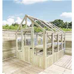 8ft X 6ft Pressure Treated Tongue And Groove Greenhouse - Super Strength Framing - Rim Lock - 4mm Toughened Glass + Bench + Free Install