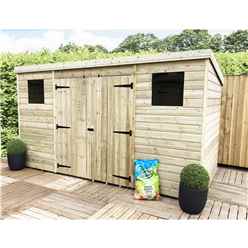 12ft X 6ft Pressure Treated Tongue & Groove Pent Shed + Double Doors Centre With 2 Windows + Safey Toughened Glass
