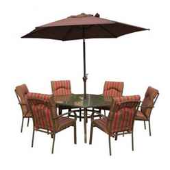 **oos** 6 Seater Amalfi Stripe Hexagonal Set With Parasol- 137 X 153cm Table With 6 Chairs - Burgundy Stripe Cushions And 2.7m Parasol - Free Next Working Day Delivery (mon-Fri)