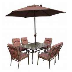 **oos** 6 Seater Amalfi Stripe Rectangular Set With Parasol - 152 X 96cm Table With 6 Chairs - Burgundy Stripe Cushions And 2.7m Parasol - Free Next Working Day Delivery (mon-Fri)