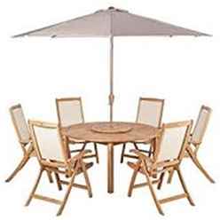 6 Seater Virginia Recliner Set With Ivory Parasol - Fsc Teak Virginia Round 150cm Fixed Legs Table & Lazy Susan With 6 St. Tropez Recliner Chairs And 3m Parasol