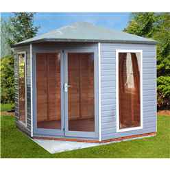INSTALLED 8 x 8 (2.5m x 2.5m) - Premier Corner Wooden Summerhouse - Double Doors - Side Windows - 12mm T&G Walls and Floor INSTALLATION INCLUDED
