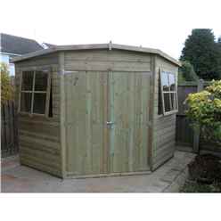 Installed 8ft X 8ft (2.25m X 2.25m) - Pressure Treated Tongue And Groove - Corner Shed - 2 Opening Windows - Double Doors - 12mm Tongue And Groove - Installation Included