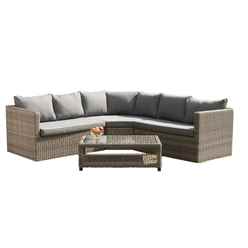 6 Seater - 4 Piece - Deluxe Rattan Corner Lounging Set, 1 Left Hand Sofa Bench, 1 Right Hand Sofa Bench, 1 Triangular Corner Seat & Coffee Table Including Cushions - Free Next Working Day Delivery