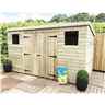 14FT x 7FT Pressure Treated Tongue & Groove Pent Shed + Double Doors Centre With 2 Windows + Safety Toughened Glass
