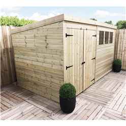 12ft X 6ft Pressure Treated Tongue & Groove Pent Shed + Double Doors With 3 Windows + Safety Toughened Glass