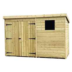 10ft X 6ft Pressure Treated Tongue & Groove Pent Shed + Double Doors + 1 Window + Safety Toughened Glass