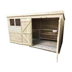 12ft X 8ft Pressure Treated Tongue & Groove Pent Shed + Double Doors With 3 Windows + Safety Toughened Glass 12ft X 8ft Pressure Treated Tongue & Groove Pent Shed + Double Doors With 3 Windows + Safety Toughened Glass
