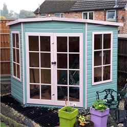 7ft X 7ft (1.98m X 2.05m) - Premier Corner Wooden Summerhouse - Double Doors - 12mm T&g Walls & Floor