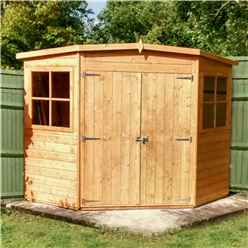 ** In Stock Live Booking ** 7ft X 7ft (2.07m X 2.07m) - Stowe Tongue & Groove Corner Garden Pent Shed / Workshop - 2 Opening Windows - Double Doors - 12mm T&g Floor