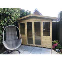 8ft X 6ft Pressure Treated Tongue & Groove Apex Summerhouse With Higher Eaves And Ridge Height + Overhang + Toughened Safety Glass + Euro Lock With Key + Super Strength Framing