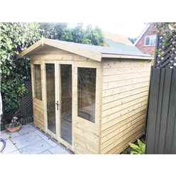 9ft X 7ft Pressure Treated Tongue & Groove Apex Summerhouse With Higher Eaves And Ridge Height + Overhang + Toughened Safety Glass + Euro Lock With Key + Super Strength Framing