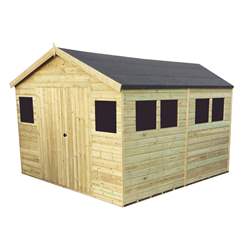 15ft X 10ft Premier Pressure Treated T&g Apex Workshop + 6 Windows + Higher Eaves & Ridge Height + Double Doors (12mm T&g Walls, Floor & Roof) + Safety Glass Windows + Super Strength Framing