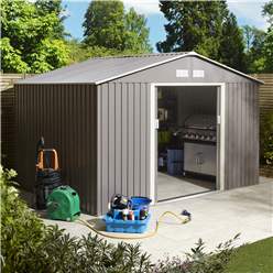 10ft X 8ft (3.21m X 2.41m) Double Door Metal Apex Shed - Light Grey