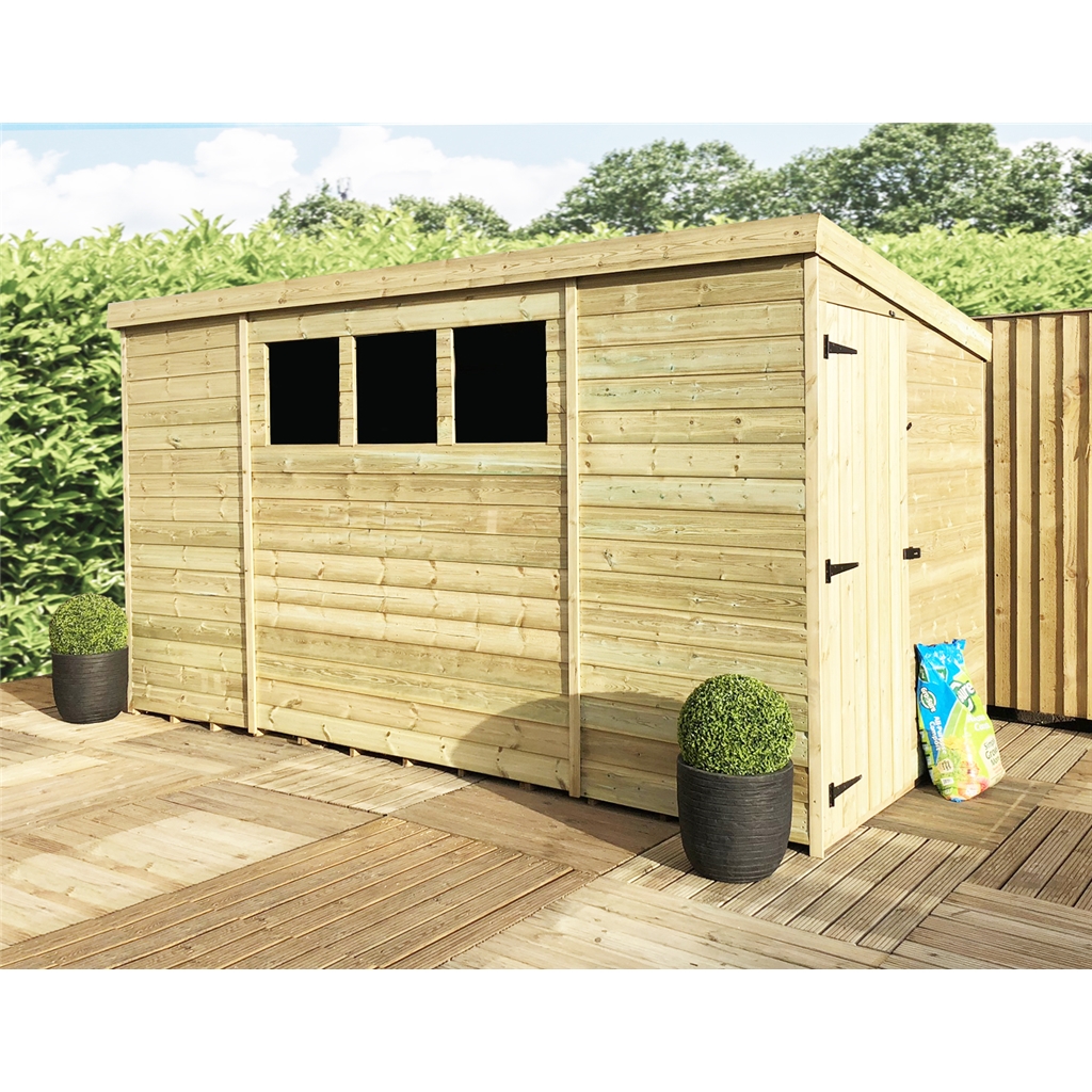 ShedsWarehouse.com | Aston Pent Sheds (BS) | 10FT x 5FT Pressure Treated  Tongue & Groove Pent Shed + 3 Windows + Side Door + Safety Toughened Glass