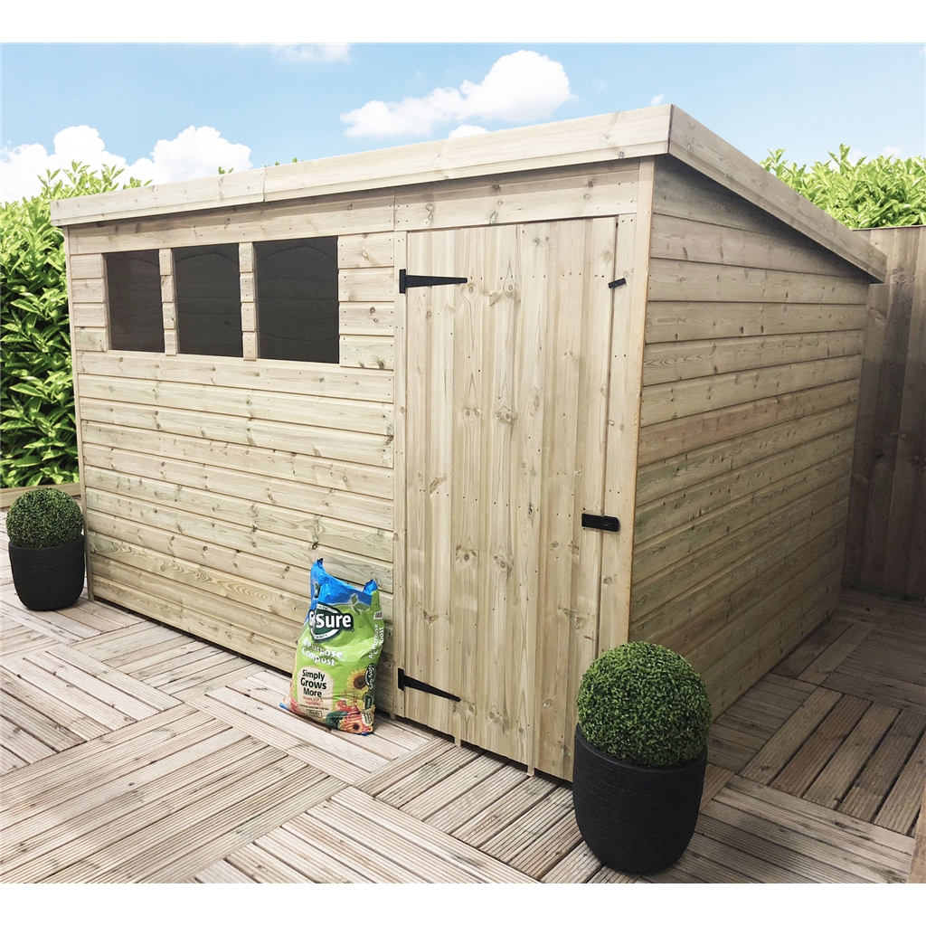 ShedsWarehouse.com | Aston Pent Sheds (BS) | 10FT x 5FT Pressure Treated  Tongue & Groove Pent Shed With 3 Windows + Single Door + Safety Toughened  Glass