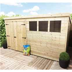 12ft X 6ft Pressure Treated Tongue & Groove Pent Shed + Double Doors With 3 Windows + Safety Toughened Glass