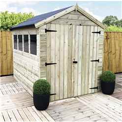 10ft X 8ft Premier Pressure Treated Tongue & Groove Apex Shed With 4 Windows + Higher Eaves & Ridge Height + Double Doors + Safety Toughened Glass - 12mm Tongue And Groove Walls, Floor And Roof