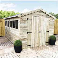 12ft X 8ft Premier Pressure Treated Tongue & Groove Apex Shed With 4 Windows + Higher Eaves & Ridge Height + Double Doors + Safety Toughened Glass - 12mm Tongue And Groove Walls, Floor And Roof