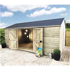 20ft X 12ft Windowless Reverse Premier Pressure Treated Tongue & Groove Apex Workshop + Higher Eaves & Ridge Height + Double Doors (12mm Tongue & Groove Walls, Floor & Roof) + Super Strength Framing