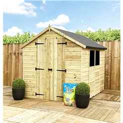 8ft X 5ft  Super Saver Pressure Treated Tongue & Groove Apex Shed + Double Doors + Low Eaves + 2 Windows